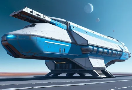 sci-fi, Futuristic, aJed-Rst, spaceport:1.3, tarmac, (Rusty spaceport buildings):1.3, (((beautiful, hyper realistic, high quality, highly detailed))), sleek blue neotech spacecraft (freighter),