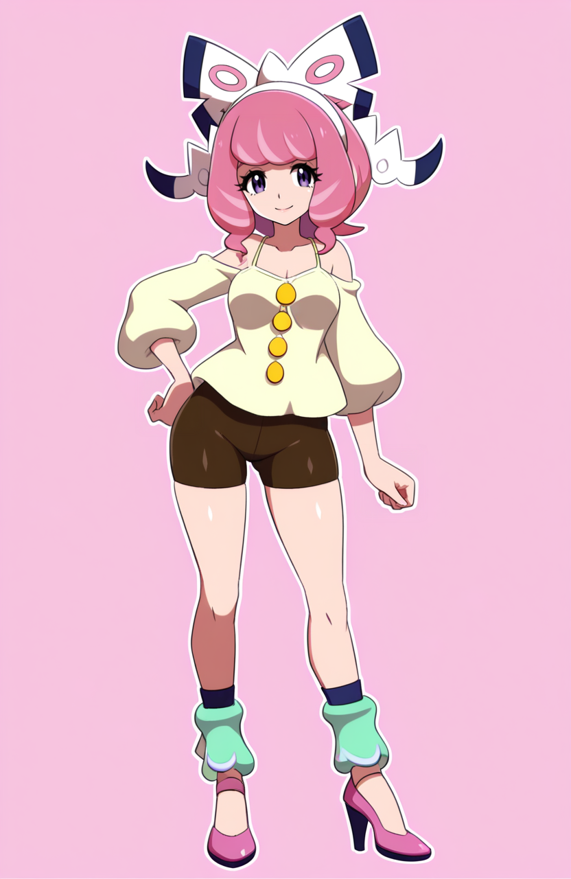 1girl, solo, 
, yellow button-up shirt, brown bike shorts, spaghetti straps, aqua tube socks, pink stiletto heels, klara \(pokemon\), pink hair, hair ribbon,,
standing, one hand on hip, soft smile, inviting look, alluring stance,  <lora:SevenSirens:1> svnsrn, extremely detailed, highres, masterpiece, best quality