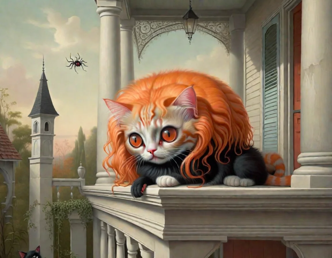 <lora:lowbrow_XL:1>, lowbrow, lowbrow-xl, surrealistic, absurd, bizarre, eerie, fanciful, fantastic and ludicrous, long shot, large spider with a cute cat head, orange cat eyes, on a gothic porch,