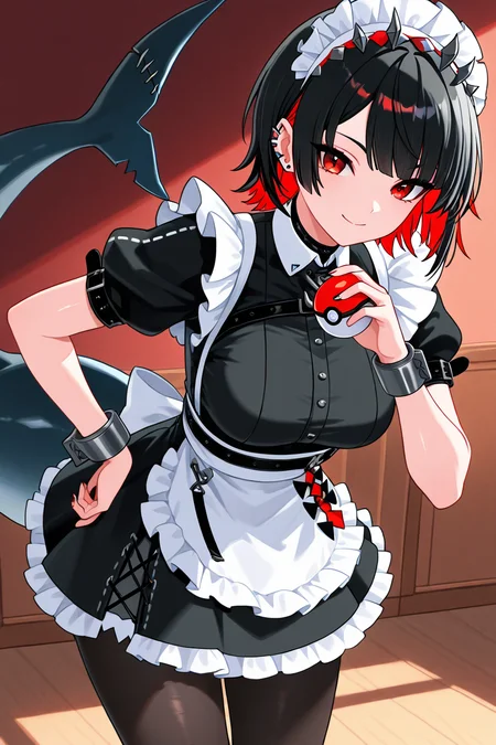 masterpiece, best quality, 1girl, solo, 21 year old model, eyelashes, (beautiful eyes), ,,, ellen joe, black hair, colored inner hair, multicolored hair, red eyes, red hair, short hair, two-tone hair, apron, black pantyhose, black shirt, black skirt, ear piercing, fins, fish tail, maid, maid apron, maid headdress, pantyhose, piercing, puffy short sleeves, puffy sleeves, shark girl, shark tail, shirt, short sleeves, skirt, tail, two-tone hair, wrist cuffs, <lora:EllenJoeIXL:1.0>, (holding pokeball), cowboy shot, leaning forward, smile, looking at viewer, shiny skin,