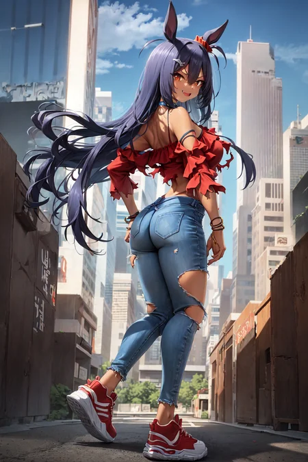 masterpiece, best quality,
hishi amazon \(umamusume\),
from behind, buildings, neon,
red shirt, fang, torn clothes, choker, bracelet, jewelry, long sleeves, bare shoulders, midriff, torn jeans, torn pants, denim, red footwear, shoes, sneakers,
<lora:hishi_amazon_lora:0.8>