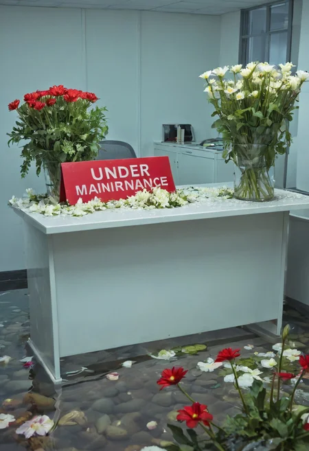 an office room partially underwater with flowers, a red and white sign that says "Under Maintenance" stands on top of a desk