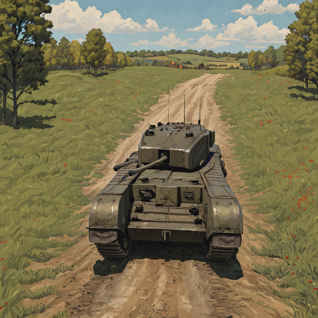 a tank is driving down a dirt road, normandy, lanes, high hedgerows, trees,   ((pulp_comic, heavy_lines, hand_drawn, hand_inked, hand_colored, apxlz))