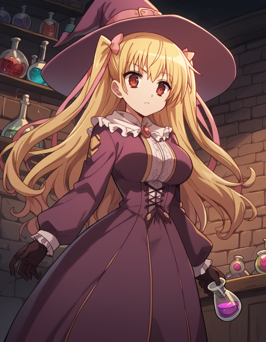score_9, score_8_up, score_7_up, source_anime, <lora:riko-mine-s1-ponyxl-lora-nochekaiser:1>, riko mine, long hair, blonde hair, ribbon, red eyes, hair ribbon, twintails, two side up, large breasts,, <lora:wizard-ponyxl-lora-nochekaiser:1>, wizard, wizard hat, robe, dress, long sleeves, gloves,, indoors, bricks, potion, flask, vial,, cowboy shot,, , dutch angle, cowboy shot