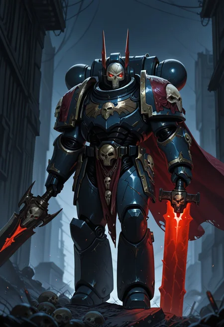 masterpiece, best quality,high quality, newest, highres,8K,HDR,absurdres, NightL40K, 1boy, solo, power armor, holding a greatsword, helmet, skull face helmet, glowing eyes, cape on his back
<lora:ILLNightL40K:1>