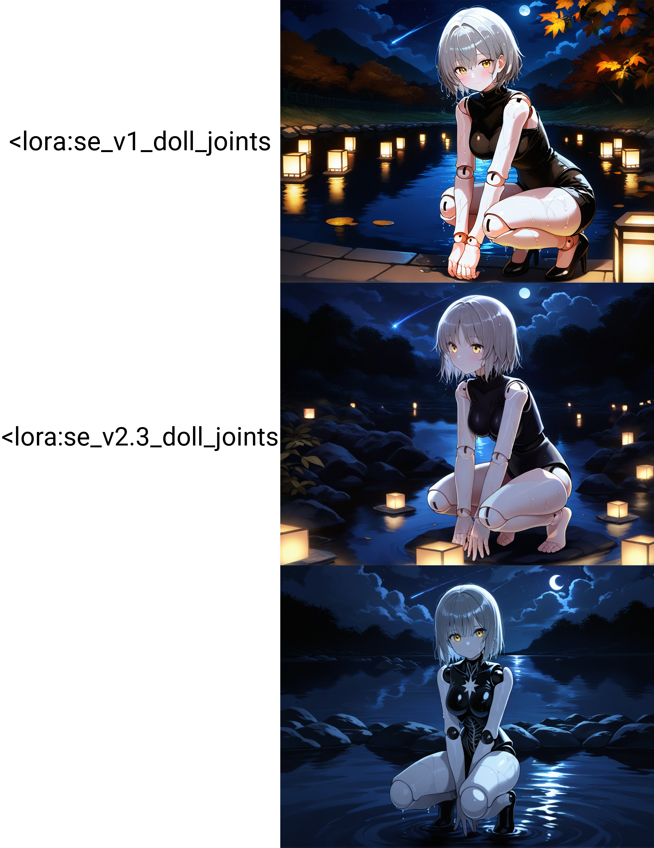 high quality, best quality, masterpiece, highres, very aesthetic, absurdres, <lora:NSFWFilter_illusXL_Incrs_v1:-.5>, squatting, legs apart, arms between legs, 
living doll, animate inanimate, short hair, light grey hair, yellow eyes, <lora:se_v1_doll_joints:.95>, se_doll_joints, doll joints, porcelain, porcelain body, cracked body, medium breasts, 
, outdoors, at a lake, wet hair, <lora:lowlight:.4>, night, dark theme, low lighting, night sky, stars, half moon, shooting star, cloudy