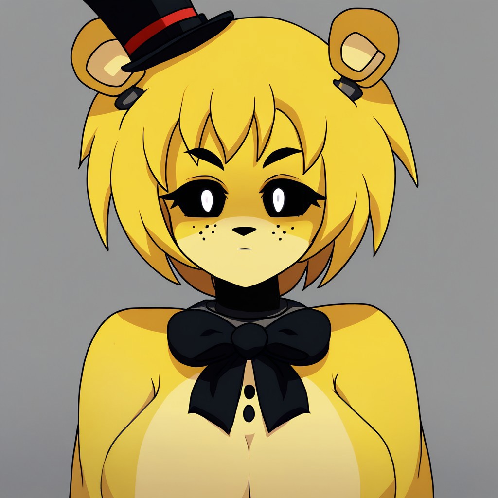 1girl, solo, solo female, score_6
golden freddy, black sclera, white pupils, yellow fur, furry female, bear ears, top hat, mini top hat, freckles, yellow hair, 
black bowtie, large breasts, half body, shoulders together, no mouth, looking at viewer, 
mouthless, missing mouth,