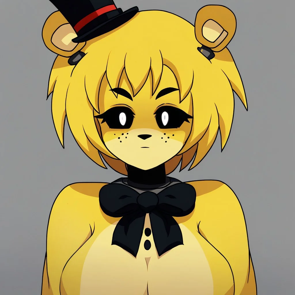 1girl, solo, solo female, score_6
golden freddy, black sclera, white pupils, yellow fur, furry female, bear ears, top hat, mini top hat, freckles, yellow hair,
black bowtie, large breasts, half body, shoulders together, no mouth, looking at viewer,
mouthless, missing mouth,