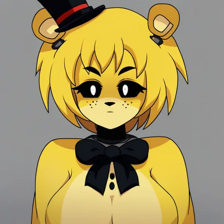 1girl, solo, solo female, score_6
golden freddy, black sclera, white pupils, yellow fur, furry female, bear ears, top hat, mini top hat, freckles, yellow hair,
black bowtie, large breasts, half body, shoulders together, no mouth, looking at viewer,
mouthless, missing mouth,