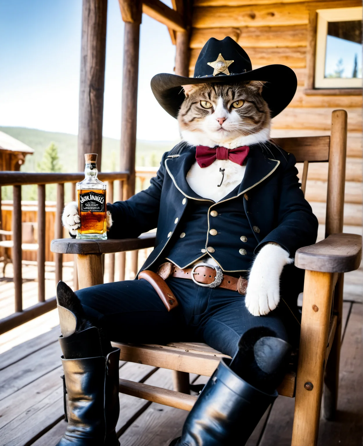 Close-up, a cat in a cowboy hat and sheriff's clothes, lounging in a wooden chair on the veranda of a saloon, throwing his paws in boots with spurs on the table, a smoking pipe in his paw, on the table a bottle of Jack Daniels and a half-filled glass of whiskey, in the style of the wild west , western, professional photo, hdr, detail