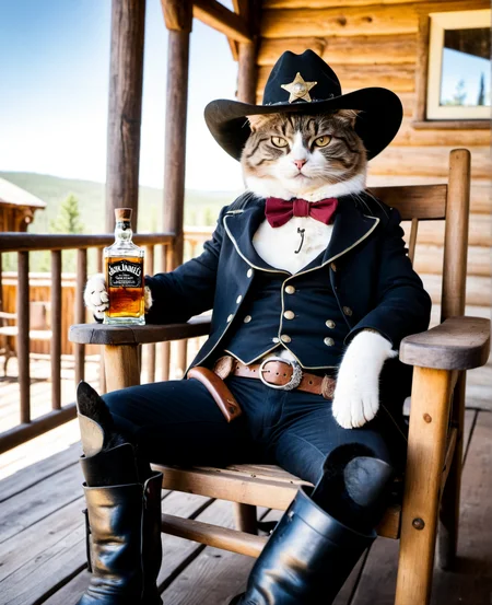 Close-up, a cat in a cowboy hat and sheriff's clothes, lounging in a wooden chair on the veranda of a saloon, throwing his paws in boots with spurs on the table, a smoking pipe in his paw, on the table a bottle of Jack Daniels and a half-filled glass of whiskey, in the style of the wild west , western, professional photo, hdr, detail