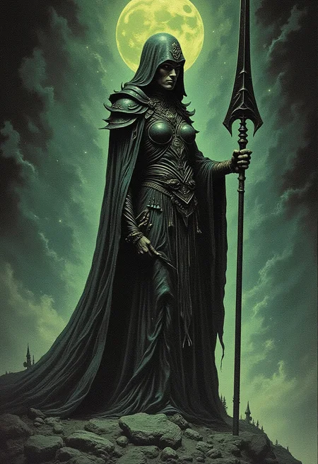 DNdGr41nyB0yz style, Dark fantasy illustration of a celestial maiden wielding a Large dark glowing spear, grainy, noise, 1970s dark cyberpunk book cover paper art dungeons and dragons style drawing