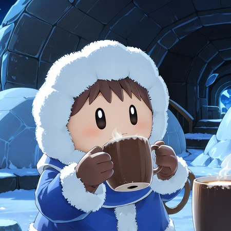 <lora:IceClimbersXL:0.7> iceclimbersxl, POPOXL, drinking hot coffee, inside igloo , solo, blue coat, closeup, 1boy, (anime, masterpiece, intricate:1.3), (best quality, hires textures, high detail:1.2), (4k),(incredibly detailed:1.4),UHD, 8K, ultra detailed