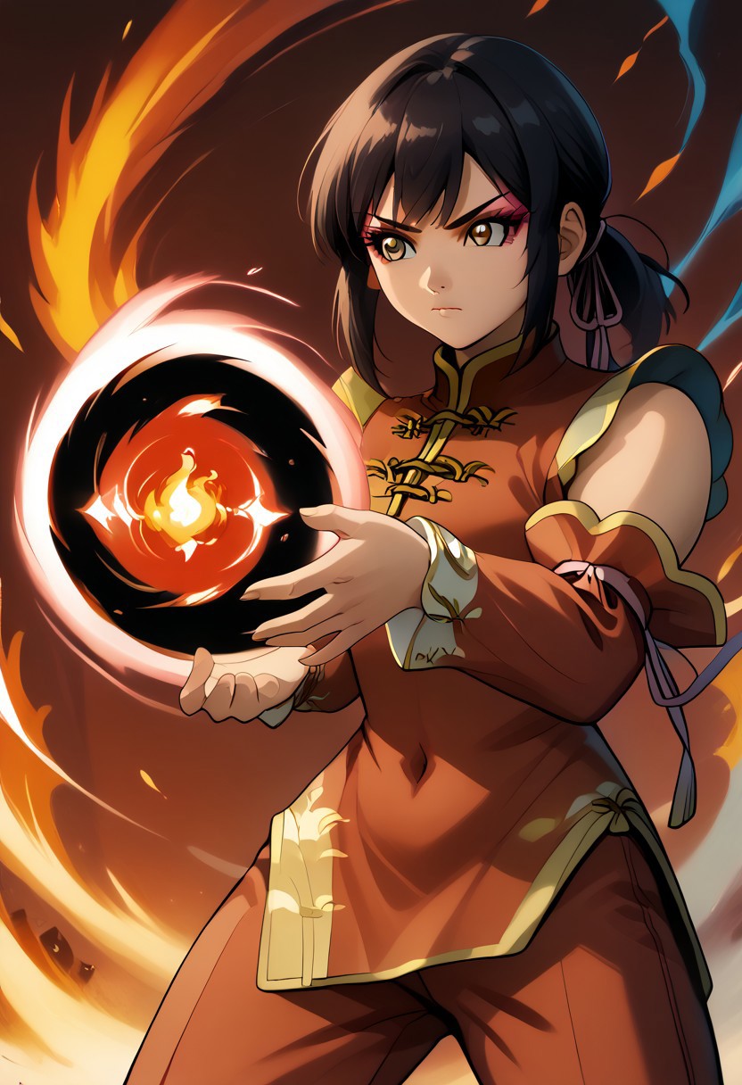 score 9, score 8 up, score 7 up, bakugan, 1girl, solo, chan lee, black hair, eyeshadow, makeup, brown eyes, ponytail, bangs, chinese clothes, red dress, china dress, pants, pink ribbon, detached sleeves, cowboy shot, Hadouken, (kikoken), fireball, energy ball,shockwave, action pose