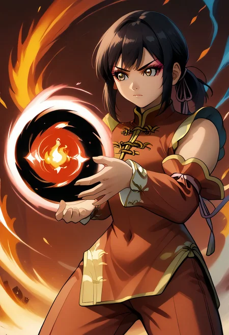 score 9, score 8 up, score 7 up, bakugan, 1girl, solo, chan lee, black hair, eyeshadow, makeup, brown eyes, ponytail, bangs, chinese clothes, red dress, china dress, pants, pink ribbon, detached sleeves, cowboy shot, Hadouken, (kikoken), fireball, energy ball,shockwave, action pose