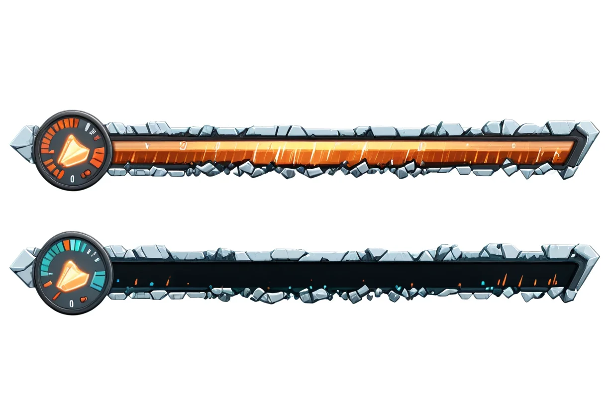 video game health bar, full top empty bottom, realistic, epic crystals, broken, cracks, reflection, large_segments, left_aligned, right_tilted, power_meter <lora:Epic Health Bars_epoch_12:1>