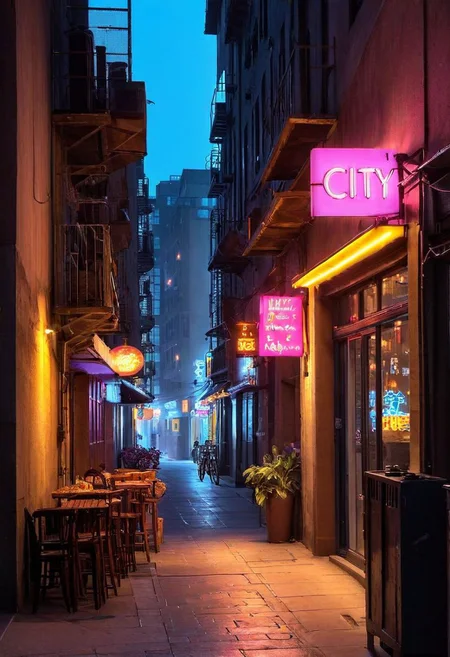 Late night in the street of a neon-lit city