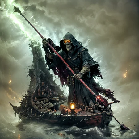 Gloomy Charon with an oar sails in a boat through the dark river Styx, long robe, hood, (night), a lantern on Charon's oar lights the way, gloomy bloody highlights, rocky dark shores, stormy sky, gloomy horror, streaks of light, surreal, dreamy, ghosting effect, octane render, cinema 4d, ultra detailed, masterpiece, concept art, trending on artstation, high detail, dramatic, GLOWNEON, GLOWING, SPARKS
 <lora:xl_more_art-full_v1:1>
 <lora:glowneon_xl_v1:0.3>