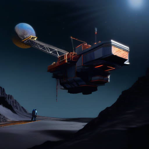 In the mining operation within Odysset's rings, massive platforms and interconnected structures sprawl across the cosmic expanse. Bright floodlights cut through the darkness, revealing workers clad in rugged space suits maneuvering among towering cranes and robotic arms. Transport vessels dart back and forth against the backdrop of the star-studded void, ferrying payloads of ore to processing facilities stationed on nearby asteroids. The scene is a symphony of activity amidst the celestial silence, with the distant glow of the planet Odysset providing a serene backdrop to the bustling industrial operation., BREAK, (sci-fi, futuristic, space, asteroid:1.4), BREAK, <lora:detailed_notrigger:1>,   <lora:Expanse_Science_Fiction_Comic_Style_SDXL:1> expnscom