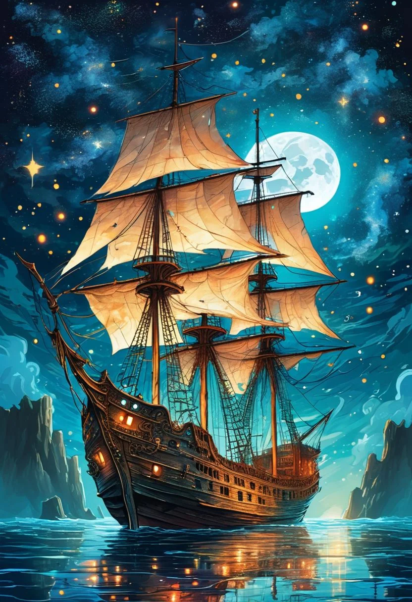 (a drawing of a ghost ship in a stylized design, torn white sails:1.3), (Ocean, still water, water reflection, reflective water, night sky, moon, stars, galaxy), (dark theme:1.4, extremely detailed, high detail, hires textures, incredibly detailed, intricate details, masterpiece, colorful comic, murals)