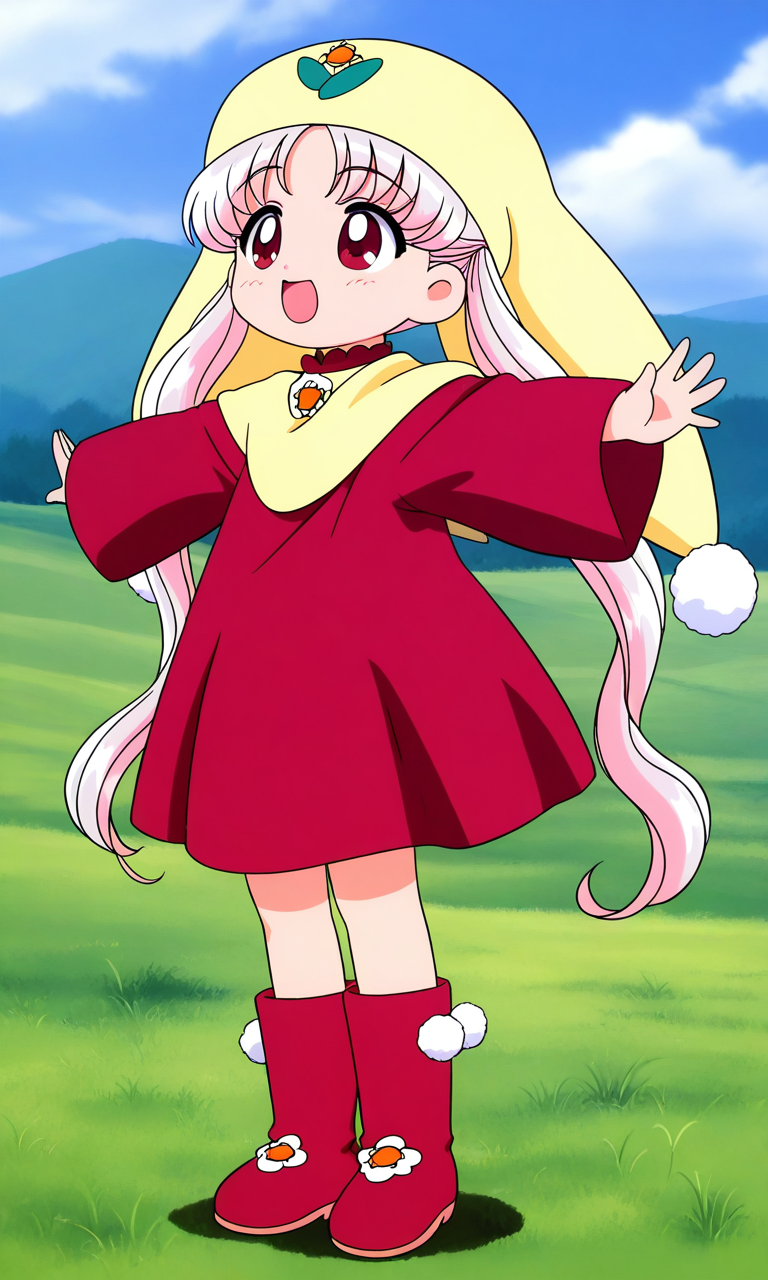 general,highres, ultra-detailed,very aesthetic,best quality ,best hands, BREAK <lora:Princess_Silver_Crayon_Oukoku_Ver2.0_IS:0.9>
Silver_Oujo(Crayon_Oukoku), 1girl, solo, long hair, white hair, pink hair, red eyes,
yellow headwear, twintails, parted bangs,
red dress, boots, pom pom (clothes),
smile, full body, open mouth, red dress, :d, 
long sleeves, red footwear, 
hair bun, outstretched arms, standing,
grass, sky, fantasy,