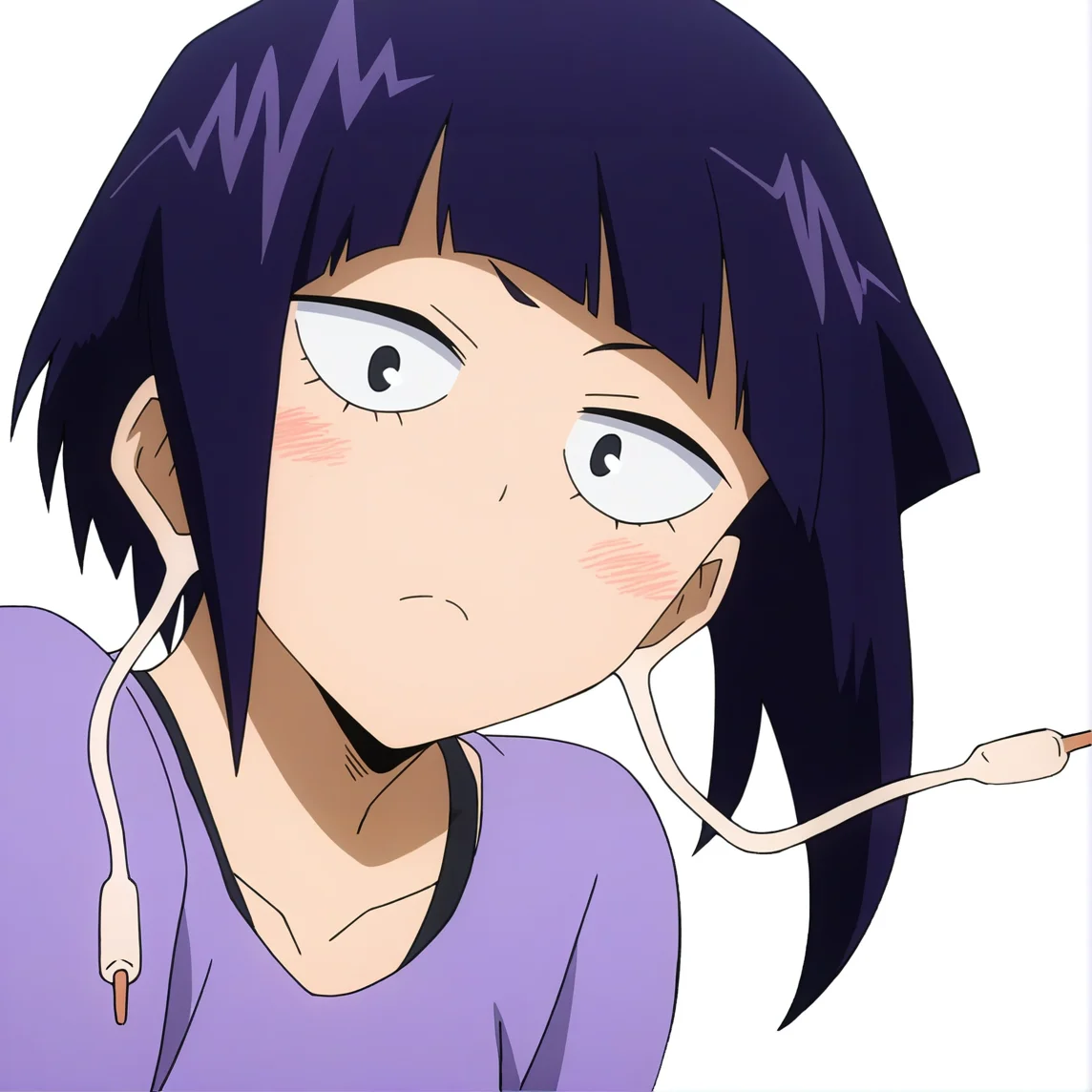 sharp focus, pixiv masterpiece, source_anime, best quality, high res, absurd res, anime_screencap, BREAK
<lora:Kyoka_Jiro_MHA_IL_v49:1> kyokajiro, 1girl, solo, purple_hair, short_hair, black_eyes, earlobes,  portrait, looking at viewer, white background, simple background, purple_v-neck_shirt,