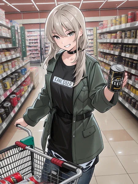masterpiece,best quality,newest,
1girl,solo,
<lora:MOMOKA_KAWARAGI_ilxl_v1.1:1>,momoka _kawaragi,choker,choker,jacket,open clothes,black shirt,looking_at_phone,<lora:Fixhands_anime_bdsqlsz_V1:1>,<lora:shop_00_ilxl_v1.0:1>,shop_00,s_cart,shopping cart,from_side,looking_at_viewer,grin,canned beer,