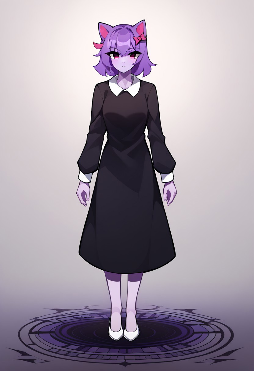 score_9, score_7_up, source_anime, masterpiece, best quality, detailed, perfect, perfection, aesthetic, absurd, detailed, KaliningradG,
illustration showing masunya, 
1girl, purple hair, pink eyes, cat ears, hair bow, purple skin, 
black dress, long sleeves, white collar, bare feets, animal legs, 
full body, standing, dynamic pose