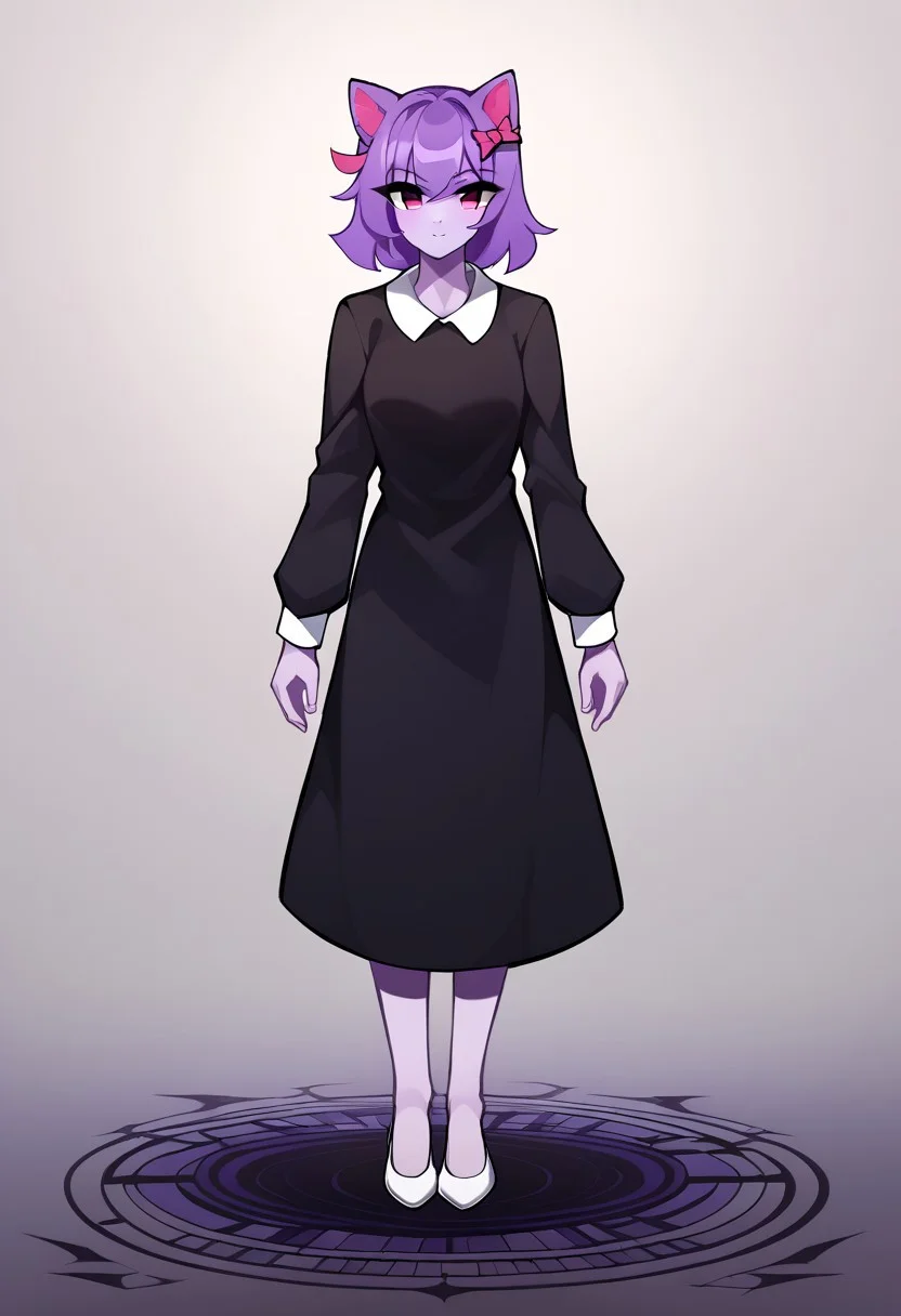 score_9, score_7_up, source_anime, masterpiece, best quality, detailed, perfect, perfection, aesthetic, absurd, detailed, KaliningradG,
illustration showing masunya,
1girl, purple hair, pink eyes, cat ears, hair bow, purple skin,
black dress, long sleeves, white collar, bare feets, animal legs,
full body, standing, dynamic pose