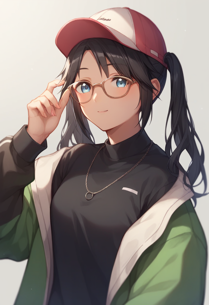score_9,score_8_up,score_7_up,<lora:idolmaster_shiny_colors:1>,mitsumine_yuika,black hair,glasses,blue eyes,twintails,
baseball cap,jacket,black shirt,miniskir,