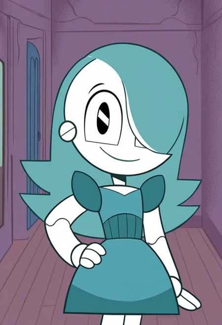 score_10, score_9_up, score_8_up, score_7_up, score_6_up, dance dress jenny, jenny wakeman, 1girl, solo, robot joints, black eyes, long hair, hair over one eye, the Farrah hairstyle, poofy dress, blue hair, blue dress, flat colors, hand on hip, looking at viewer, smile, upper body, cowboy shot, indoors, purple dance party background