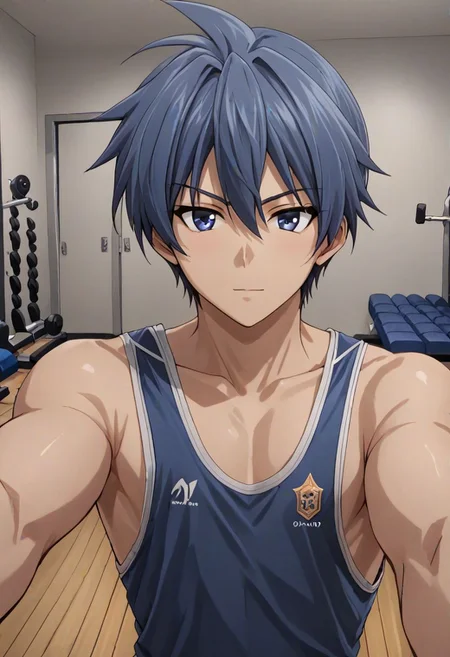 high resolution, solo, best quality, 1Boy, Tomoya Okazaki, Grey Blue Hair, Gym, sixpack, shirtless, selfie, OverallDetail