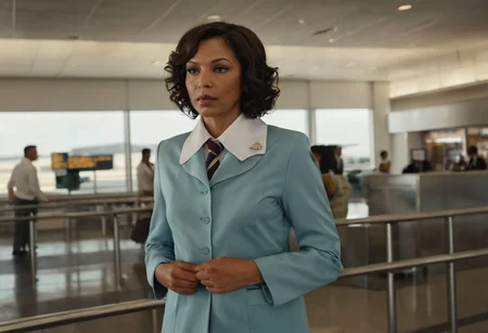 35mm candid documentary photography, middle-aged African American woman, flight attendant uniform, warm skin tone, short curly hair, pensive expression, standing in airport terminal, hands clasped, somber mood, natural lighting, muted color palette, inspired by the gritty realism of 1970s Diane Arbus photographys,Jackie Brown 1997 film style