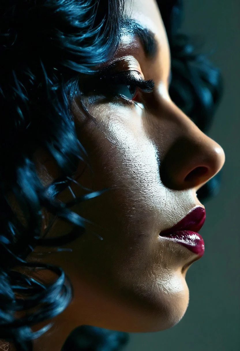 A dramatic portrait photograph of a young woman captured in intimate close-up, featuring sophisticated side lighting that creates bold contrast between light and shadow. The subject's face is turned in an elegant three-quarter view, with eyes gazing contemplatively to the side. Her black wavy hair frames her face, while burgundy lipstick adds a striking accent. The shallow depth of field and muted gray background create a moody, cinematic atmosphere that emphasizes the subject's features and expression. Close-up portrait photography with dramatic side lighting and shallow depth of field.
