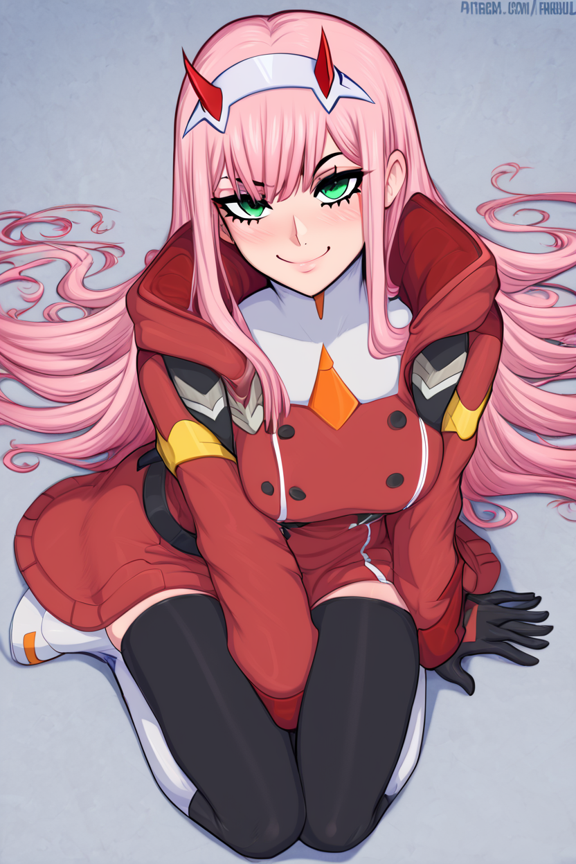 score_9, score_8_up, score_8, medium breasts, (curvy), cute, eyelashes,   closed mouth,    BREAK, , BREAK, <lora:zero-two-ponyxl-lora-nochekaiser:0.8>, zero two, green eyes, hairband, horns, long hair, pink hair, red horns, white hairband, jacket, leggings, red jacket, white footwear,, <lora:Afrobull_PDXL_v4:1.0>, , BREAK,  smile, looking at viewer, cowboy shot,  embedding:zPDXL, Expressiveh, <lora:SDXLFaeTastic2400:0.5>,  <lora:Expressive_H-000001:0.4>,