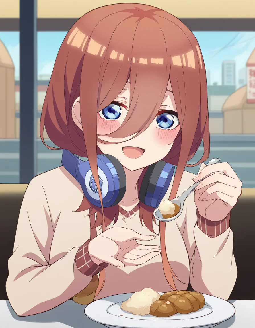 score_9, score_8_up, score_7_up, source_anime, <lora:miku-nakano-s2-ponyxl-lora-nochekaiser:1>, miku nakano, long hair, bangs, blue eyes, brown hair, hair between eyes, headphones, headphones around neck, large breasts,, <lora:incoming-spoon-ponyxl-lora-nochekaiser:1> incoming food, spoon, holding, holding spoon, food, looking at viewer, open mouth, blush, smile, restaurant, plate, hand up,, ,