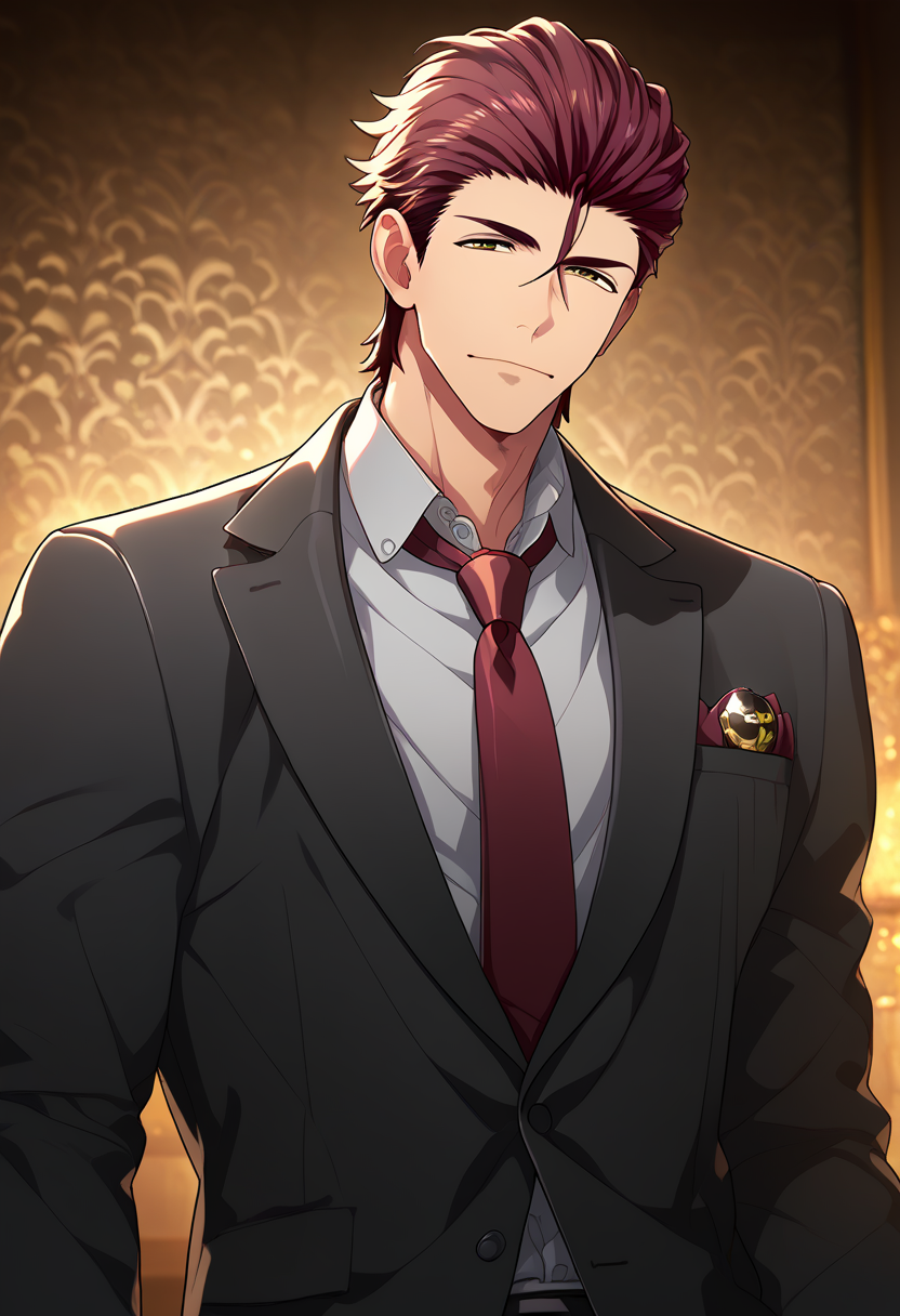 1boy, male focus,
 <lora:Character - Kenka Bancho Otome - Houou Onigashima:1> houou, brown eyes, red hair, hair slicked back, 
((zPDXL)), score_9_up, score_8_up, score_7_up, score_6_up, score_5_up, score_4_up, best quality, amazing quality, best aesthetic, absurdres, year2023, nsfw, game cg, official art, official style, uncensored,
<lora:Style - Ecstasy_Emperess:0.5> emper3ss, looking at viewer,
indoors, luxury ball, 
suit, red necktie, formal, grey collared shirt,