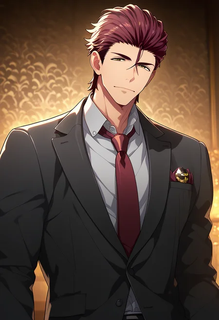 1boy, male focus,
<lora:Character - Kenka Bancho Otome - Houou Onigashima:1> houou, brown eyes, red hair, hair slicked back,
((zPDXL)), score_9_up, score_8_up, score_7_up, score_6_up, score_5_up, score_4_up, best quality, amazing quality, best aesthetic, absurdres, year2023, nsfw, game cg, official art, official style, uncensored,
<lora:Style - Ecstasy_Emperess:0.5> emper3ss, looking at viewer,
indoors, luxury ball,
suit, red necktie, formal, grey collared shirt,