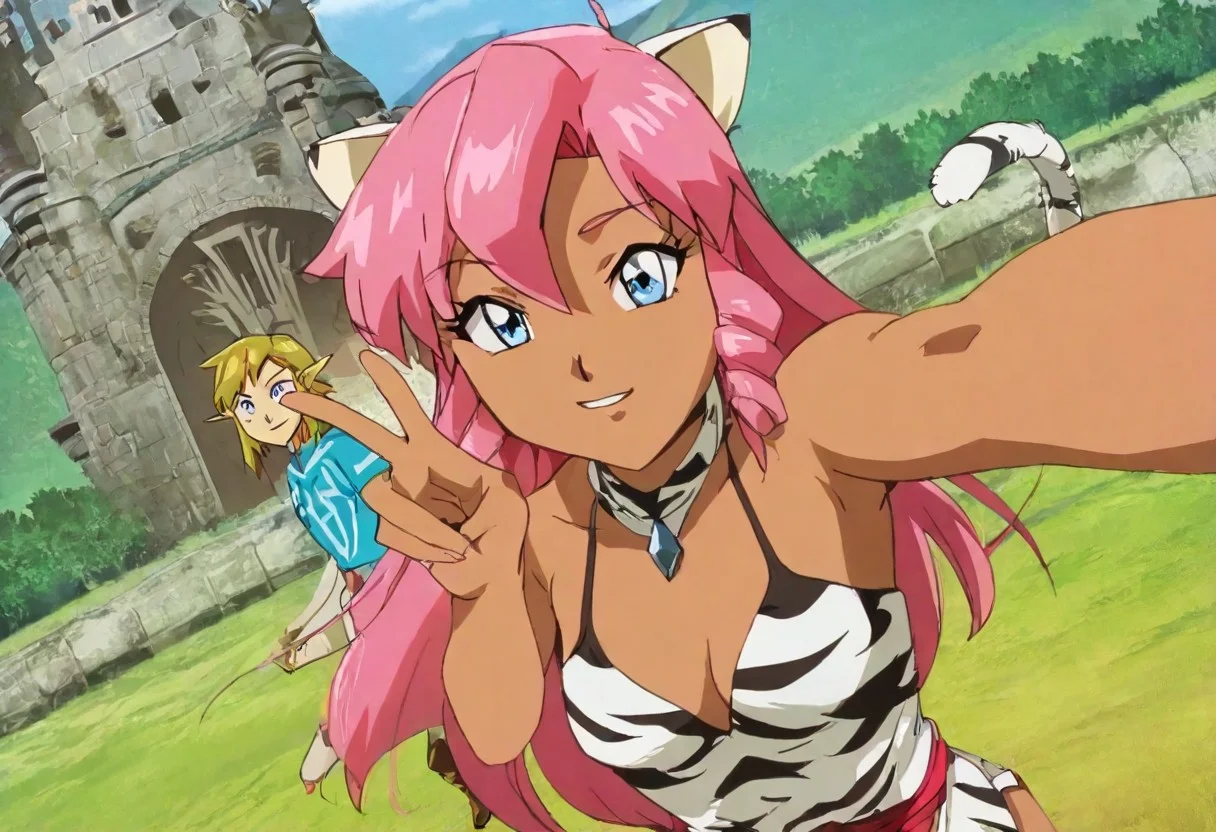 Pink_DragonPink, 1girl, sleeveless dress, white tiger print dress, pelvic curtain, cleavage, white tiger tail, red sash, small breasts, leather shoes, masterpiece, very aesthetic, cute expression <lora:pink-illustrious:1>,
Break
(anime, anime coloring:1.3),1boy,Anime screencap,link (zelda),blonde hair,blue eyes,pointy ears, wearing blue hyilian tunic,
Hyrule castle, castle gate, right in front of castle gate, selfie, couple, 1girl,1boy, pose,smile,v,stars, holding hands, dragonpink and link upper bodies in frame, smiling at each other