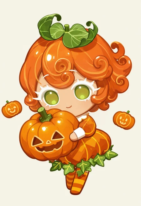 masterpiece,best quality,amazing quality,
colored eyelashes,white eyelashes,
orange and yellow striped dress,green accents,pumpkin-themed accessories,warm pose,solo,full body,simple background,(autumn theme:1.1),(harvest theme:1.1),curly orange hair,bright green eyes,holding pumpkin lantern,gentle smile,leaf-patterned stockings,
crk1styl111,<lora:lycoris:1>,(chibi:1.4),