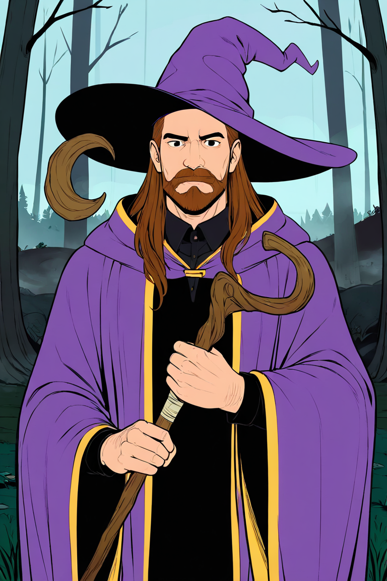 masterpiece, best quality, highres, newest, lineart, flat color, 1boy, solo, male focus, mature male, wizard, long hair, brown hair, black eyes, looking at viewer, hat, facial hair, beard, mustache, staff, wizard hat, purple hat, black shirt, collared shirt, robe, purple robe, hooded cloak, holding, holding staff, upper body, closed mouth, standing, outdoors, forest, nature, tree, fog, dark background <lora:LineArt White [LoRA] - NoobAI-XL EPS 1.0:0.8>