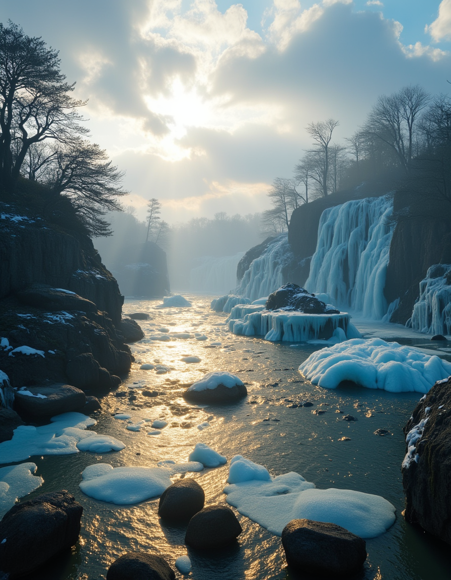 <lora:Medieval_Worlds_Scenery01bflux:1> mwl01, scenery, bokeh, trees, fantasy, rocks, shiny diamonds, photo, rough sea, islands, frozen walls, waterfall, gold, blue, marble, T8, snow, skylight through clouds, mist, clouds