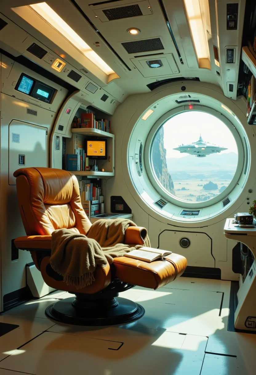 A washed-out, overexposed vision — A wide-angle interior photograph of a spacecraft reading nook features a plush orange reclining chair with a brown throw blanket positioned at the center of the frame. The curved white walls incorporate built-in bookshelves filled with books and reading materials, with fluorescent light strips running along the ceiling providing even illumination throughout the space. Digital control panels and displays with illuminated screens are integrated into the white walls, creating a science fiction interior setting. The wide composition captures the curved architectural elements of the spacecraft interior, with warm lighting from the fluorescent strips reflecting off the white surfaces. Wide-angle architectural interior photography with even lighting and sharp focus on both near and far elements.