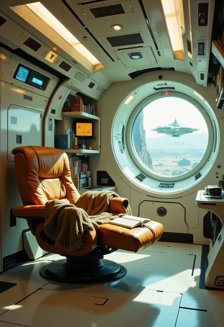A washed-out, overexposed vision — A wide-angle interior photograph of a spacecraft reading nook features a plush orange reclining chair with a brown throw blanket positioned at the center of the frame. The curved white walls incorporate built-in bookshelves filled with books and reading materials, with fluorescent light strips running along the ceiling providing even illumination throughout the space. Digital control panels and displays with illuminated screens are integrated into the white walls, creating a science fiction interior setting. The wide composition captures the curved architectural elements of the spacecraft interior, with warm lighting from the fluorescent strips reflecting off the white surfaces. Wide-angle architectural interior photography with even lighting and sharp focus on both near and far elements.