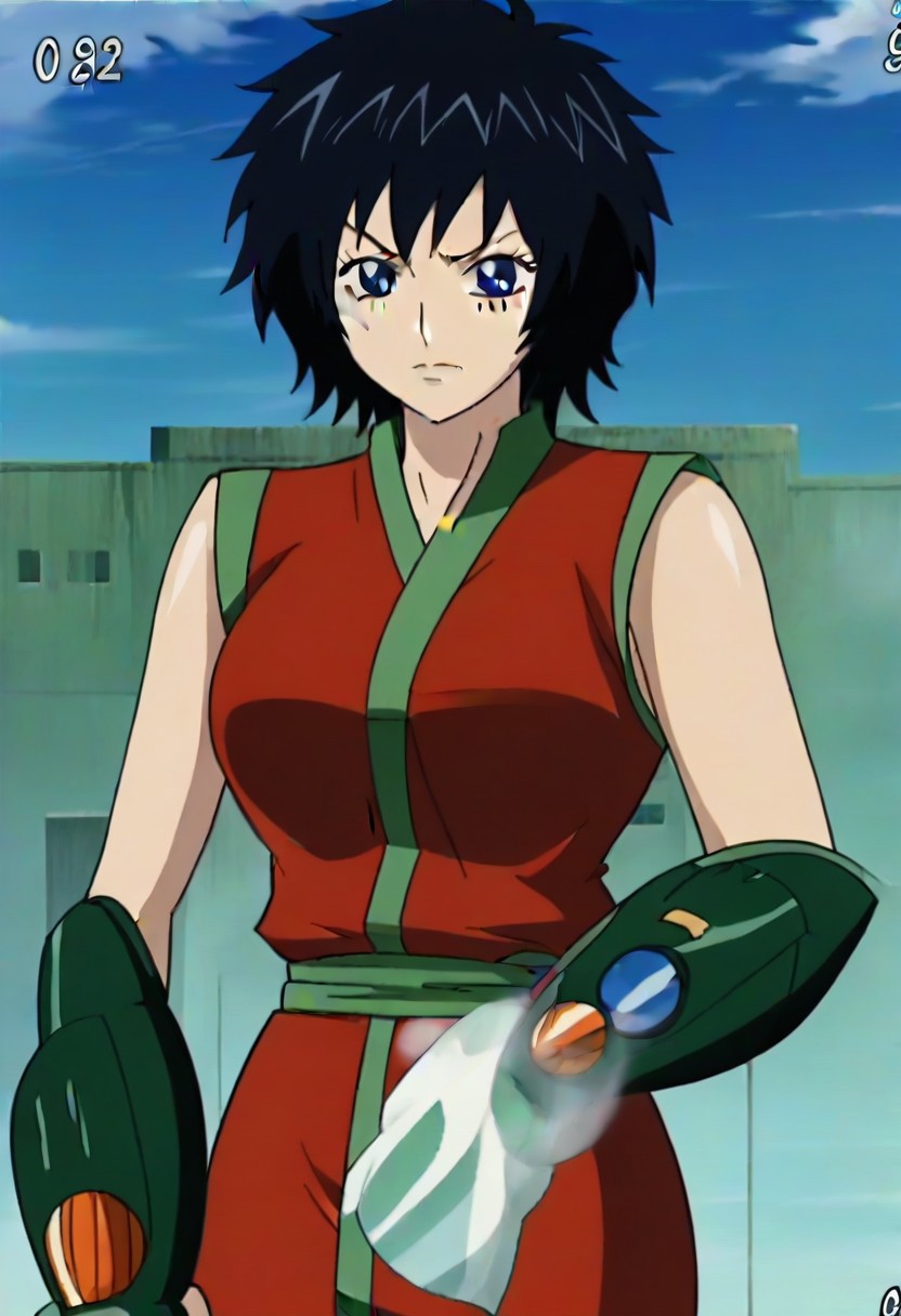 short black hair, blue eye, Scar on right cheek, red sleeveless outfit with green trim,, ,,,,,anime coloring, anime screencap , 1girl,Solo ,, anime,,PUFFY nipple,huge breasts,,, official art,,Uncensored ,Unedited ,,,, ,, ,, , ,,, ,, , ,,,