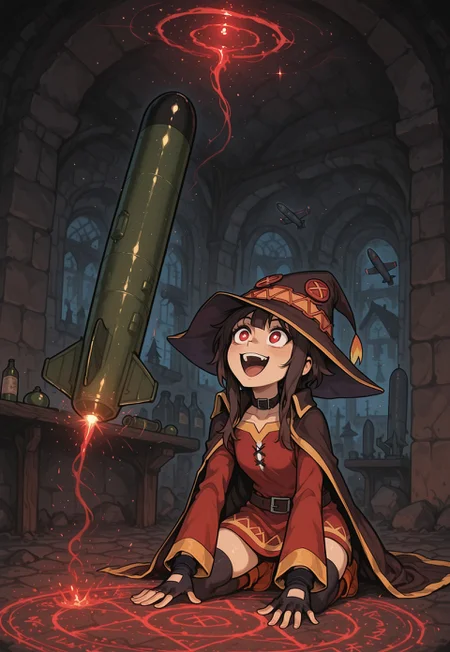 score_9, score_8_up, score_7_up, masterpiece, best quality, very aesthetic, 1woman, incoth, (incase:0.6), detailed face, (dynamic:1), summoning circle, (megumin:1.1), brown hair, red eyes, mage outfit, witch hat, belt, cloak, summoning, kneeling, exciteted, big pupils, white pupils, happy, summoning missile, floating missile, medieval tavern, mature, looking up at, modern military missile, MOAB, atom bomb