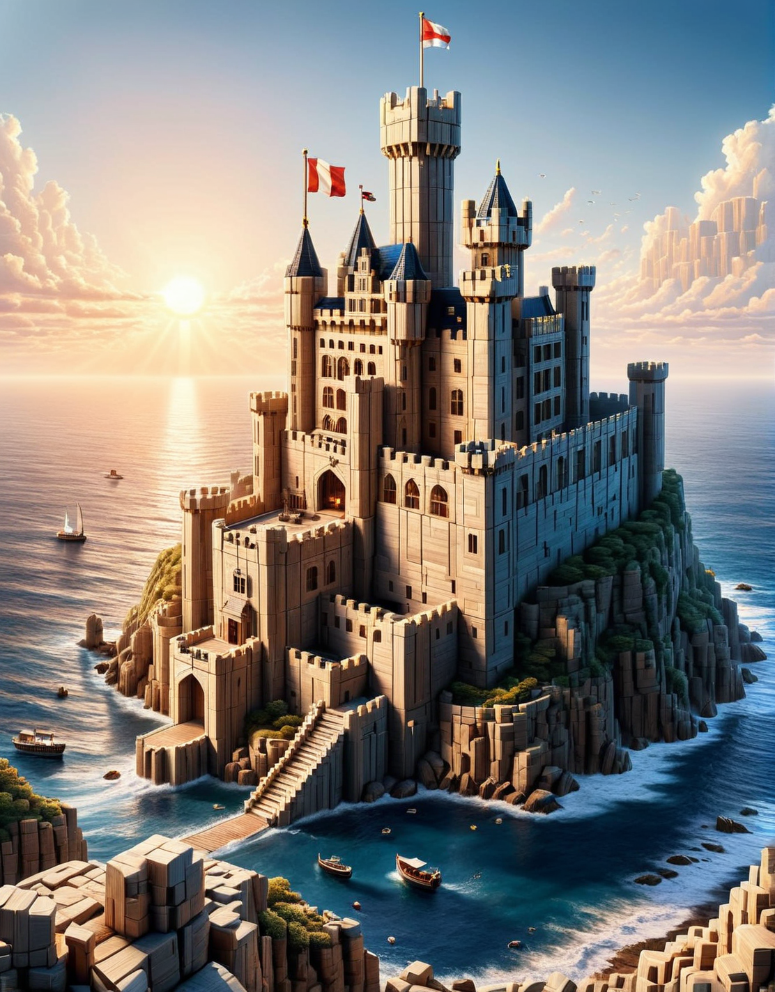 An ais-wdnblcks majestic castle perched on a cliff overlooking the sea at sunset, with detailed turrets and a waving flag on the highest tower, under a setting sun. Include dynamic lighting to cast long shadows and highlight the intricate wooden texture. <lora:ais-wdnblcks-sdxl:1>