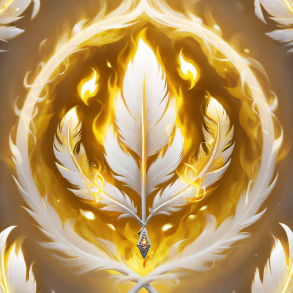 (((masterpiece))),(((best quality))),((ultra-detailed)),SkillIcon, a white flowr with some white glowing runes on its surface, surrounded by yellow flames, Sacred Feathers Surround,and a white background,  <lora:SkillIconloha--000046:0.6>