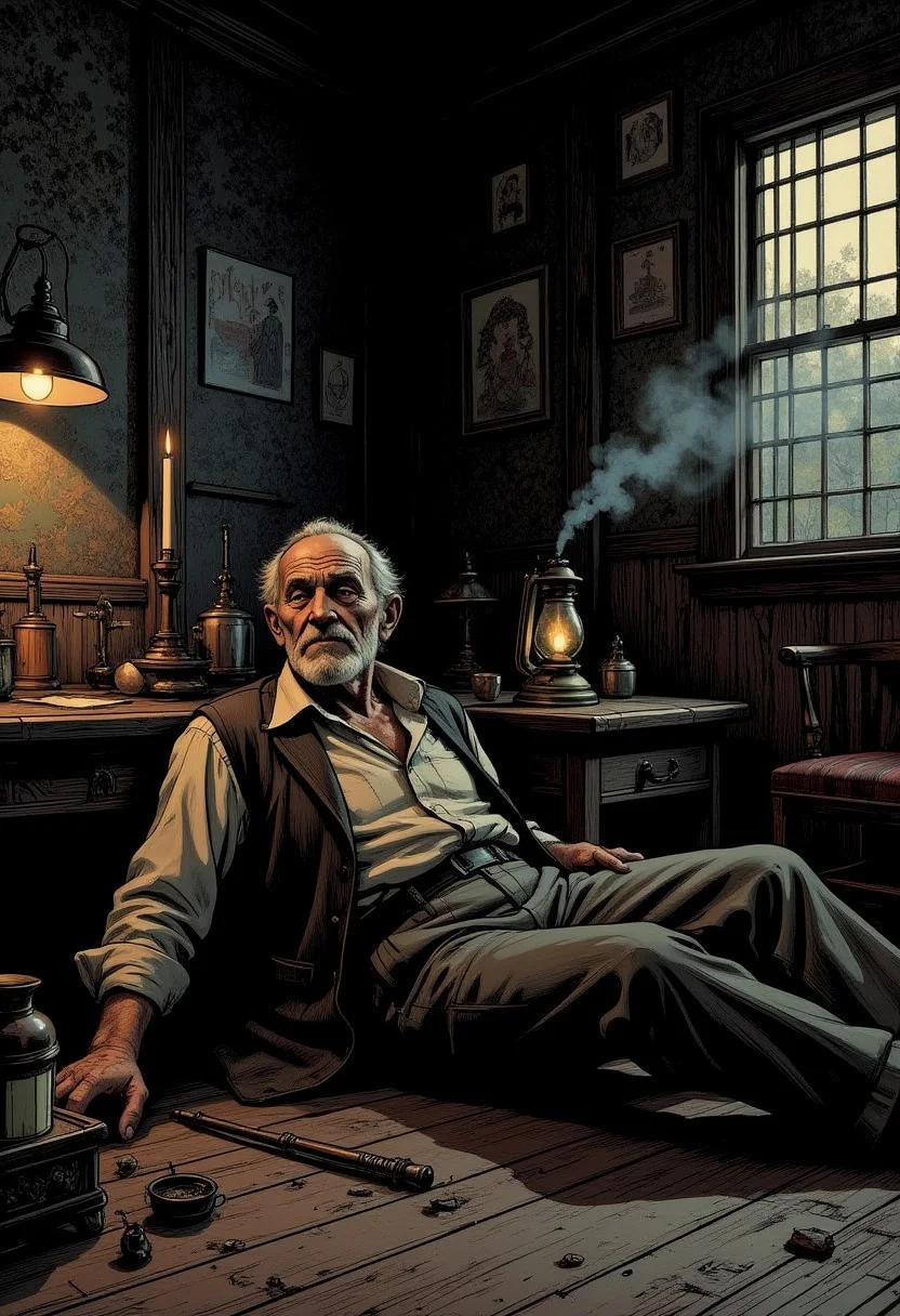 A detailed, atmospheric illustration depicting an old, weary man lying on the ground of a dimly lit opium den. The man has a gaunt, wrinkled face with sunken eyes, a scruffy beard, and worn-out clothes, showcasing his long, hard life. The opium den is a dark, cluttered space with intricate Victorian-era details: ornate, faded wallpaper, low wooden furniture, and scattered pipes and paraphernalia. Smoke wafts through the air, creating a hazy, surreal ambiance. The light is dim, with an eerie glow from a single lantern casting dramatic shadows, emphasizing the intricate textures and grimy details of the scene. The atmosphere is both melancholic and gritty, capturing the mood of despair and escapism.
