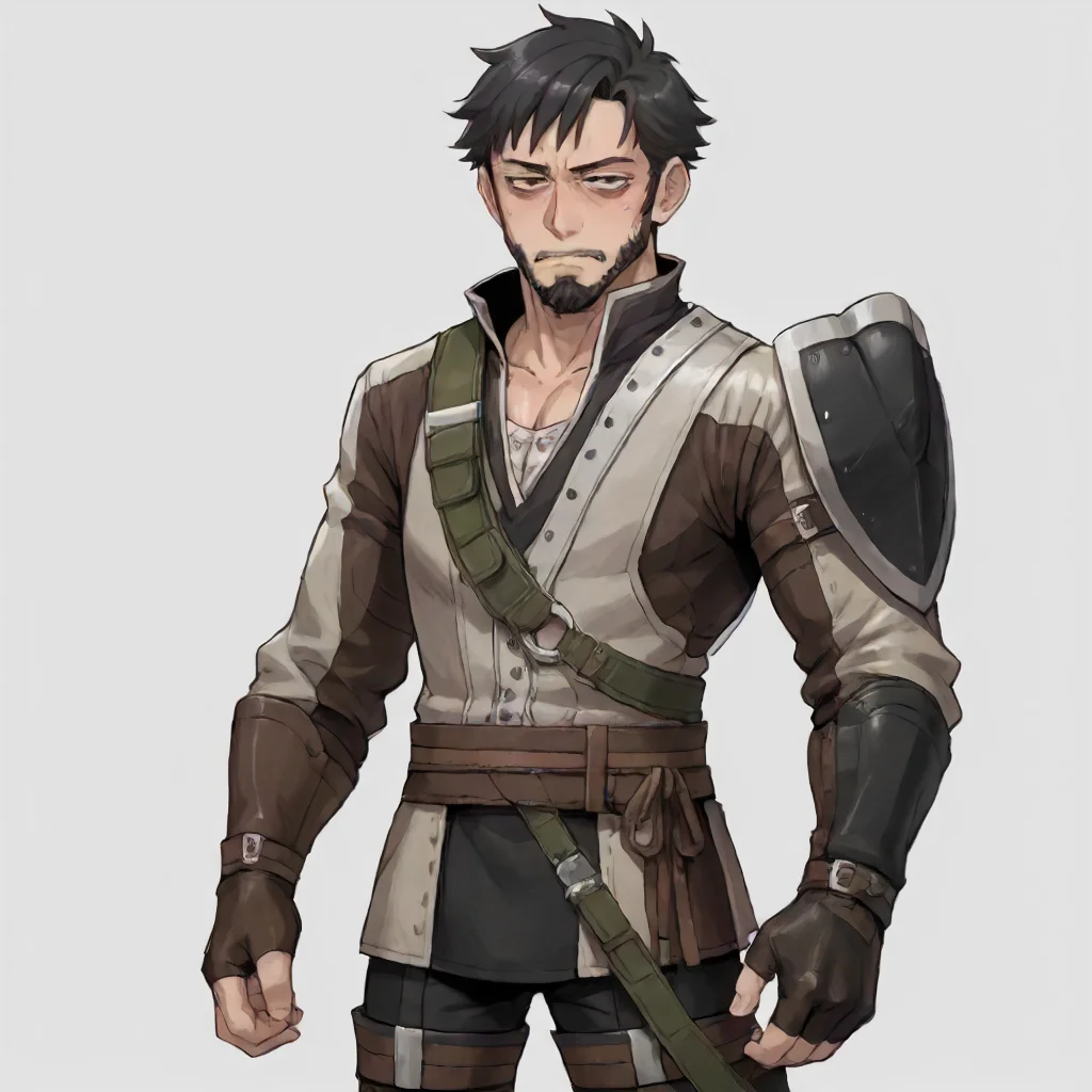 (cowboy shot, solo, simple background:1.4) BREAK 1boy, young man, black hair, very short hair, brown eyes, bags under eyes, (half closed eyes:1.1), full beard, average build. BREAK (black clothing, black armor:1.2), <lora:Clothing FEA Merc Armor v1:1> feamerc, single shoulder armor
